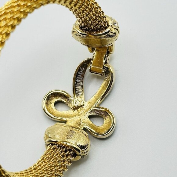 Swan SWAROVSKI Crystal Rhinestone Gold Mesh Black Enamel Bow Bracelet - Picture 8 of 10